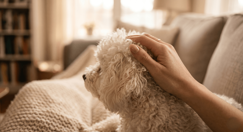 fluffy white bichon sat on a sofa with a caring hand resting on its head