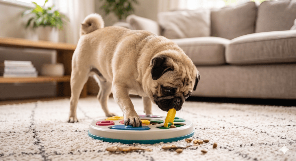 a fawn pug playing with an enrichment toy 
